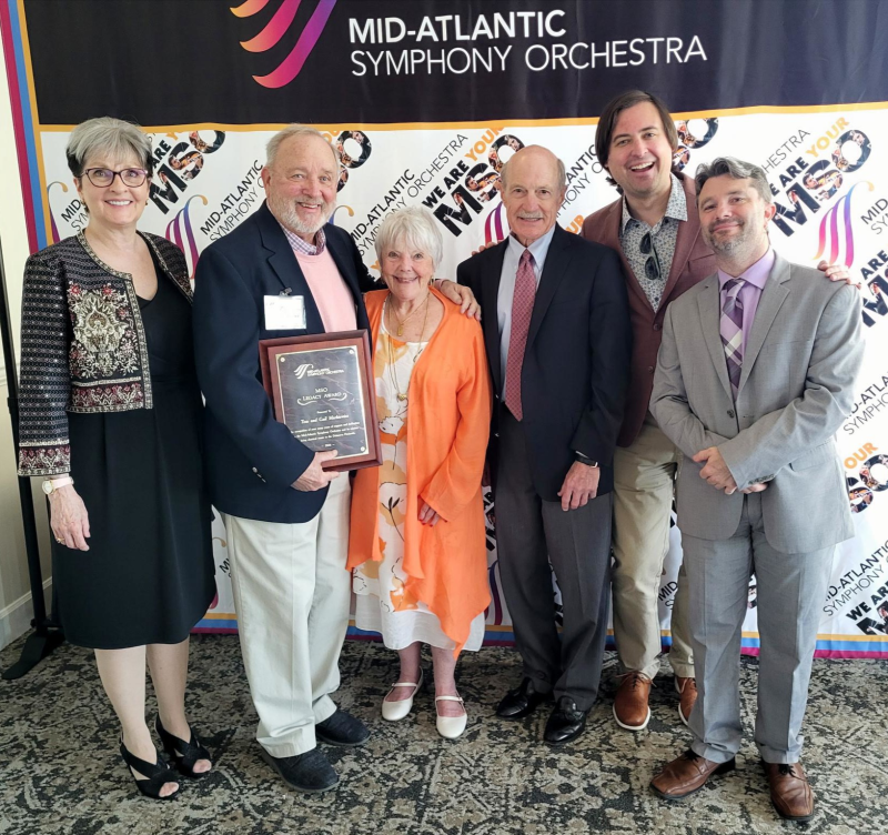 Gathered at the Mid-Atlantic Symphony Orchestra spring gala are (l-r) Rebecca Pille, board member; Legacy Award winners Tom and Gail Markiewicz; Philip Davis, vice president; Michael Repper, music director; and Dane Krich, general manager. SUBMITTED PHOTOS